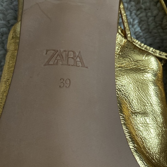 Zara Gold Foil Metallic Leather Ankle Wrap Tie Square Toe Kitten Heel Sandal - Picture 11 of 12